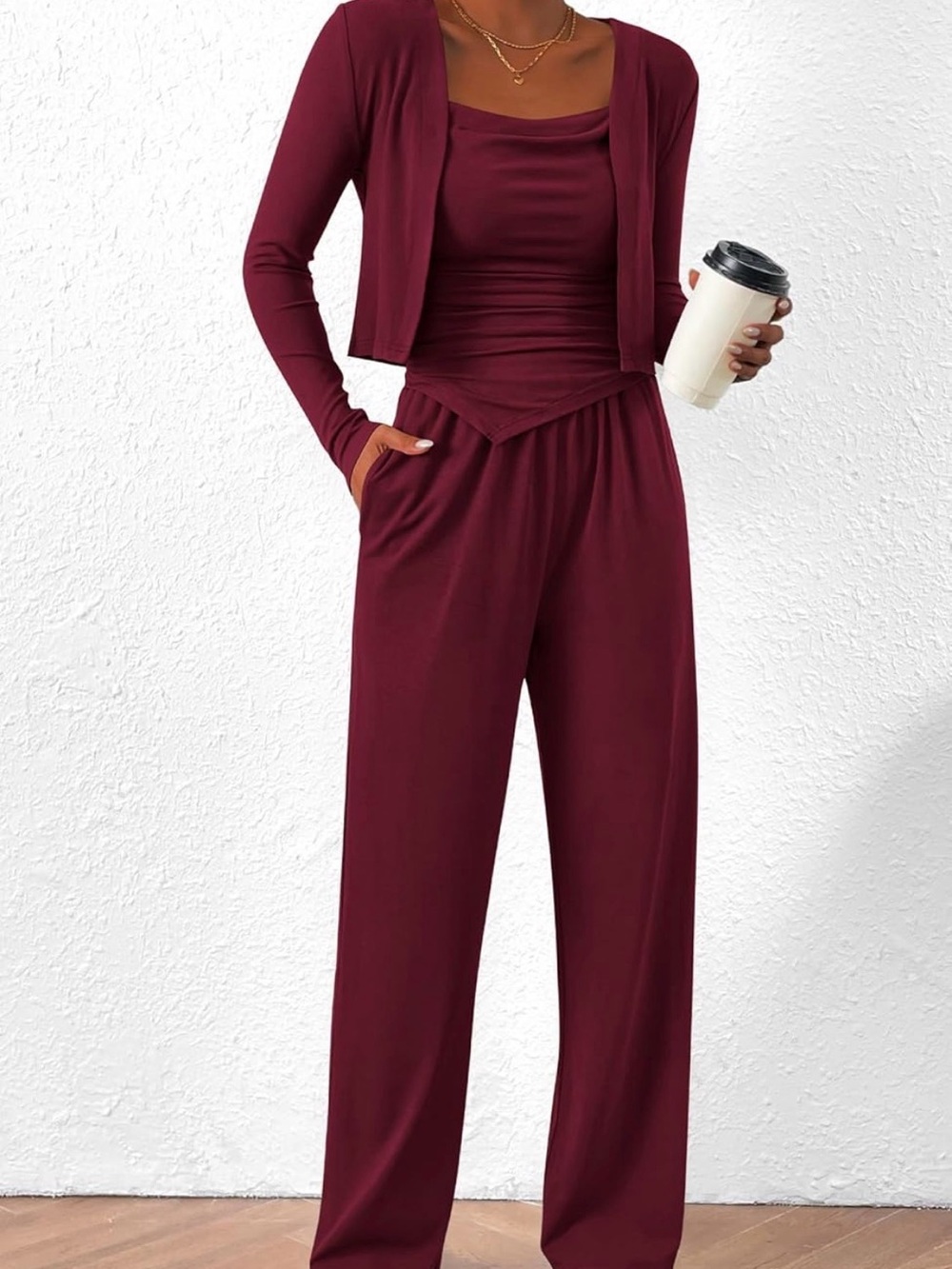 Women's Maroon Wide-Leg Jumpsuit Set with Cardigan